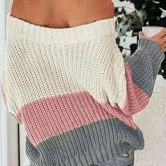 Multicolor Casual Women's Color Block Off Shoulder Batwing Sleeve Sweater - Picture 2 of 5